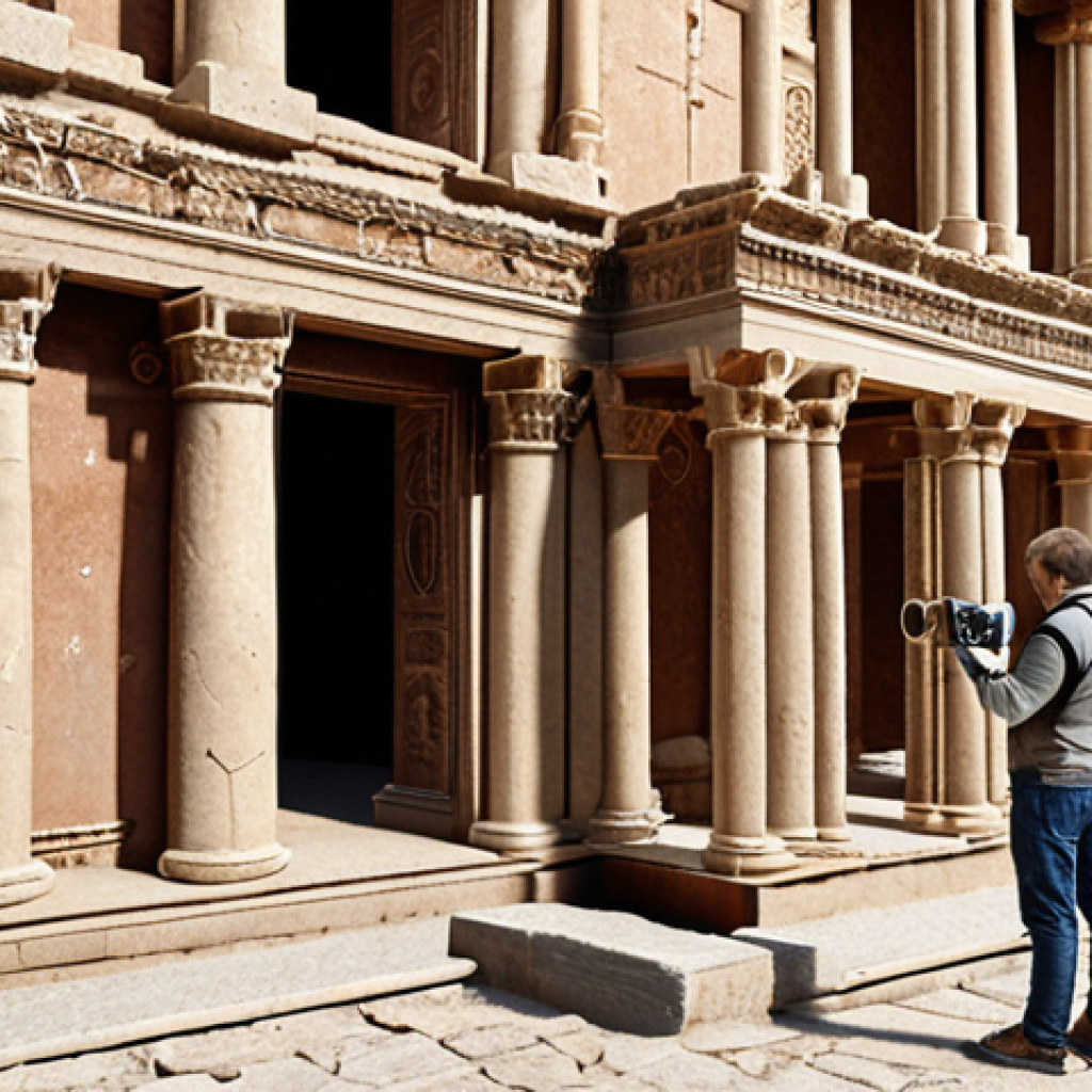 **

A heritage restoration engineer carefully examines an ancient structure, using 3D scanning equipment.  Show the blend of traditional craftsmanship and modern technology used to preserve cultural heritage. Focus on the detail of the architectural element being scanned.

**