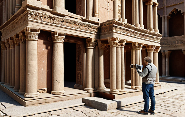 **
A heritage restoration engineer carefully examines an ancient structure, using 3D scanning equipment. Show the blend of traditional craftsmanship and modern technology used to preserve cultural heritage. Focus on the detail of the architectural element being scanned.
**