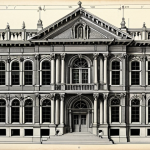 ** Detailed architectural drawing of a historical building, showcasing its unique construction style and materials. Emphasize intricate details and the building's historical context.

**