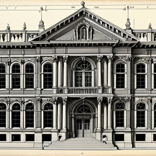 Home 6 ** Detailed architectural drawing of a historical building, showcasing its unique construction style and materials. Emphasize intricate details and the building's historical context.
**
