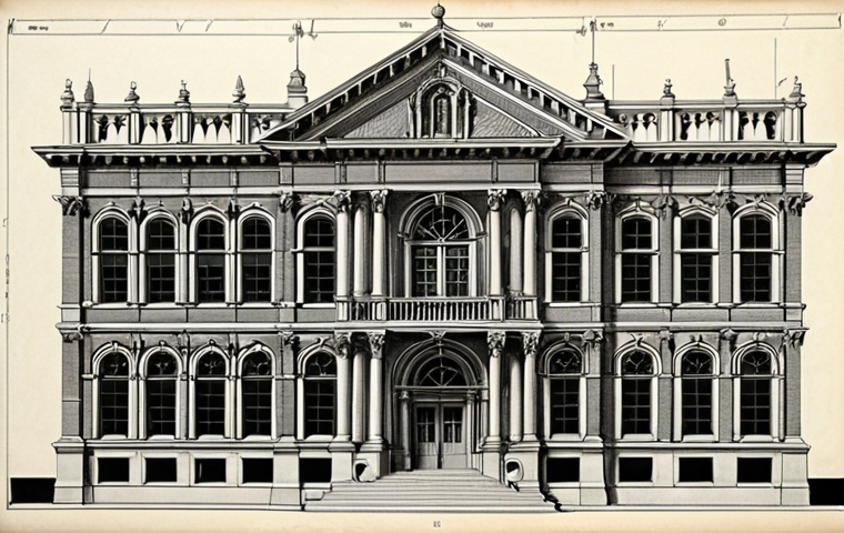 ** Detailed architectural drawing of a historical building, showcasing its unique construction style and materials. Emphasize intricate details and the building's historical context.
**