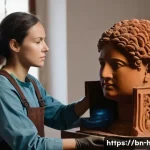 문화재수리기술자 필기시험 난이도 분석 - A focused and diligent female cultural heritage restoration technician in her late 20s, wearing prac...