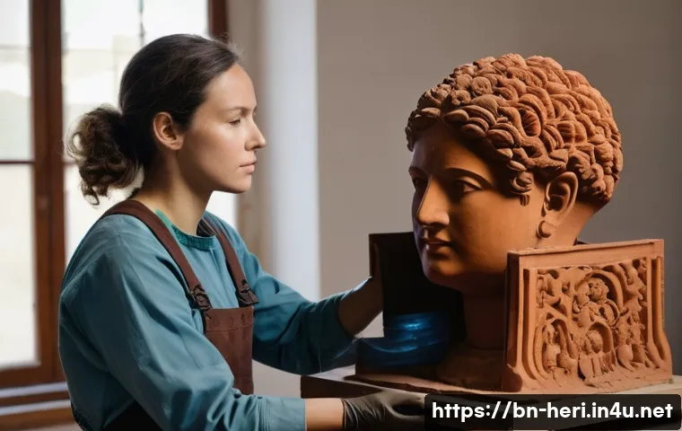 문화재수리기술자 필기시험 난이도 분석 - A focused and diligent female cultural heritage restoration technician in her late 20s, wearing prac...